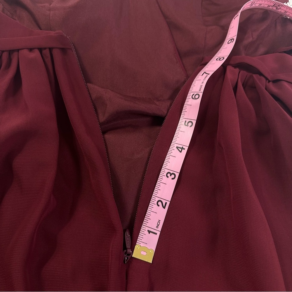 JJ HOUSE Floor Length Bridesmaid Gown in Burgundy With Slit And Low Back Size 0 - Picture 13 of 16